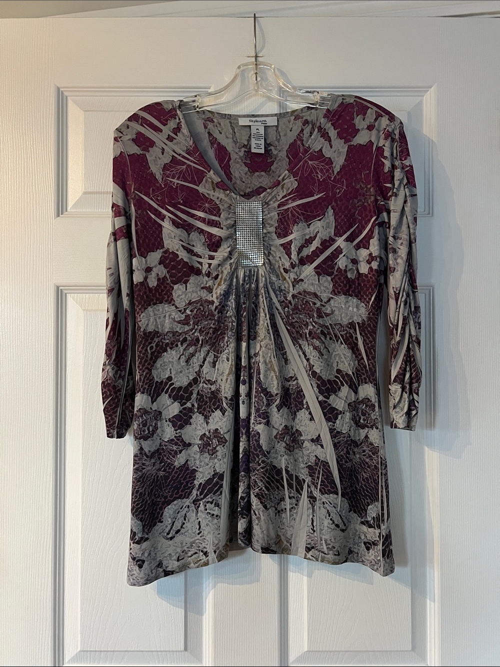 Style & Co. Plum and Gray Floral Pleated V-Neck Tunic with Embellished Front